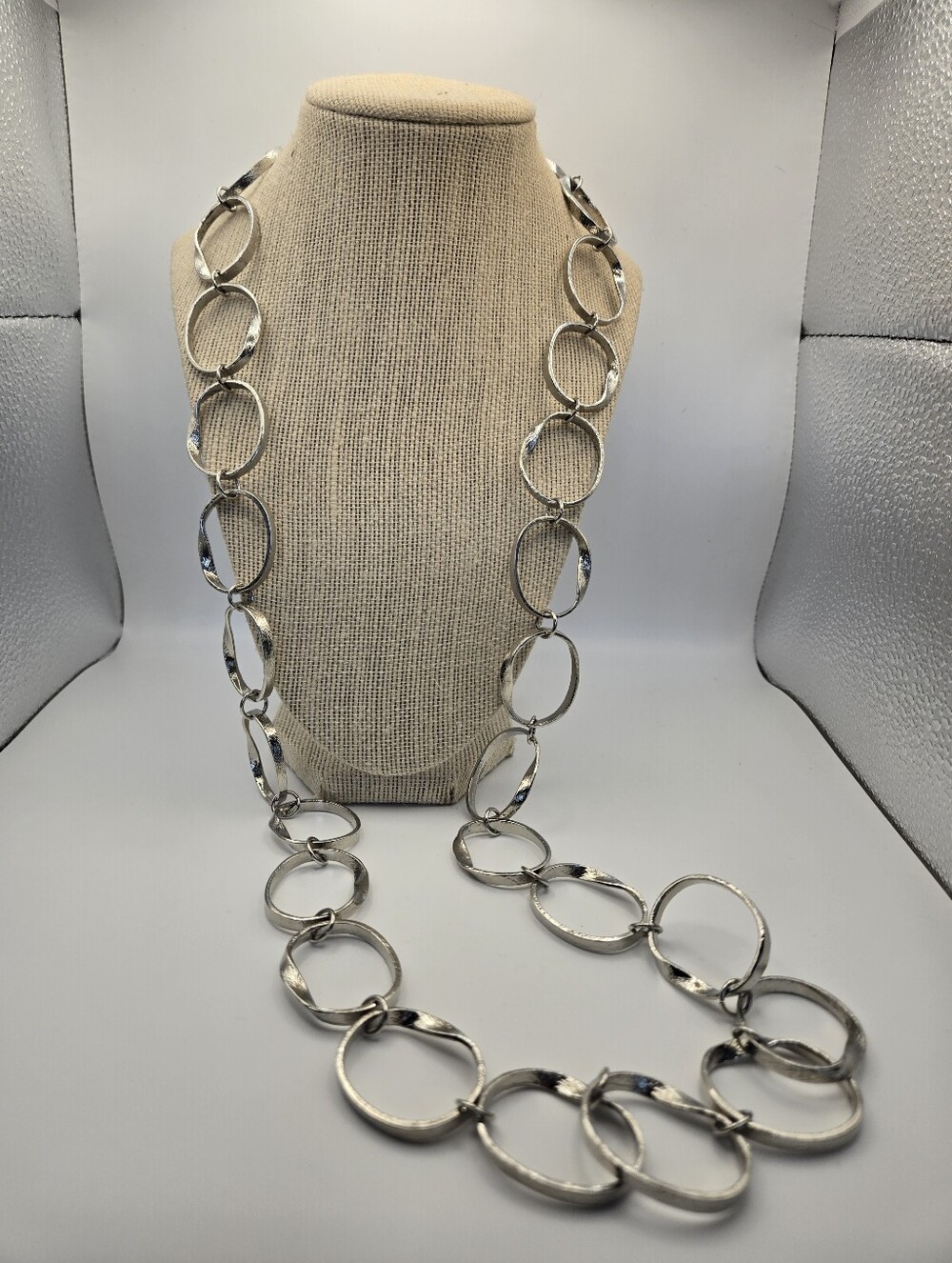 Long Chico's Silvertone Textured Link Necklace Chunky Trendy Fashion Statement